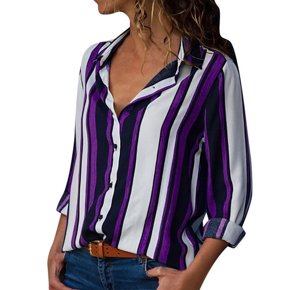 UPPADA V Neck T Shirts for Women Long Sleeve Button Down Striped Shirts Fall Fashion Outwear Casual Work Tops Business Blouses for Ladies Cute Going Out Tops Purple,S