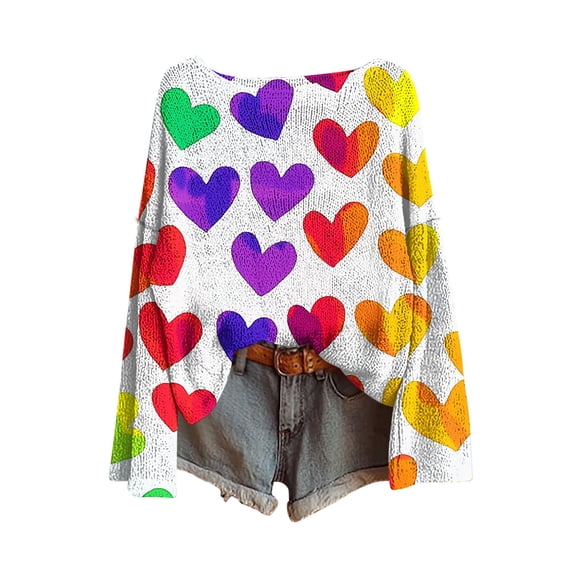 UPPADA Valentine Sweatshirt Women Love Heart Printed Long Sleeve Pullover Shirt Casual Round Neck Top for Valentine Gifts Yellow,XXL