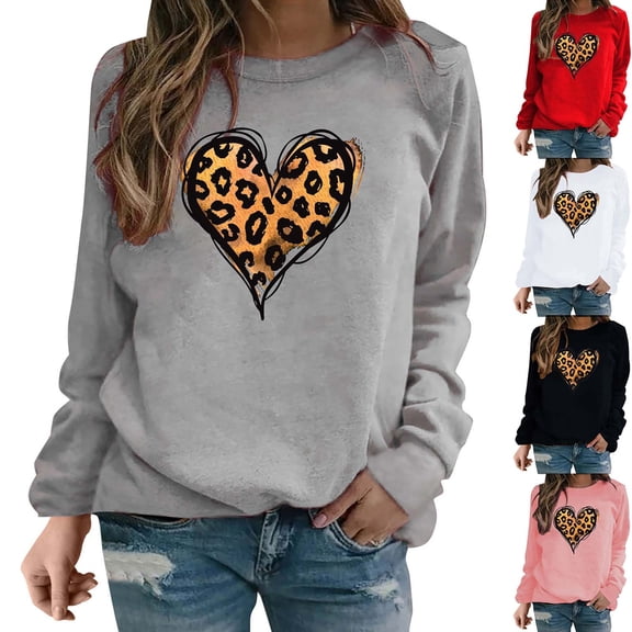 UPPADA Valentine's Day Women's Sweatshirt Cute Heart Print Long Sleeve Crewneck Pullover Blouse Casual Fashionable for Daily Wear Red,S