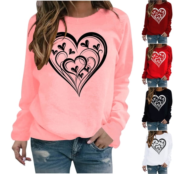 UPPADA Valentines Hooded Sweatshirt for Women Cute Love Heart Print Long Sleeve Pullover Top Warm Casual Sweatshirt for Valentine's Day Pink,XL