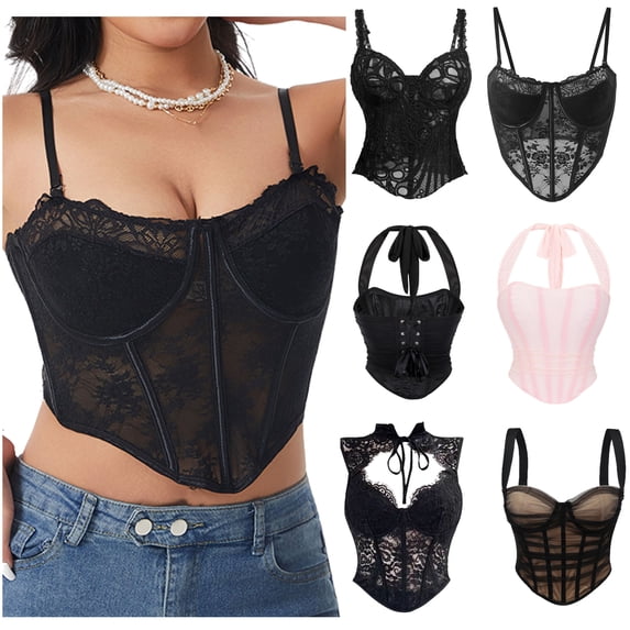UPPADA Vintage Gothic Corset Tops for Women Renaissance Medieval Lace Floral Bustier Corset Tank Cami Top Shoulder Straps Tank Overbust Black,XS