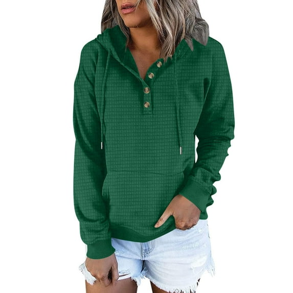 UPPADA Waffle Hoodies for Women Casual Button Down Sweatshirt Drawstring Long Sleeve Pullover Tops Fall Winter Clothes with Pockets Green,M