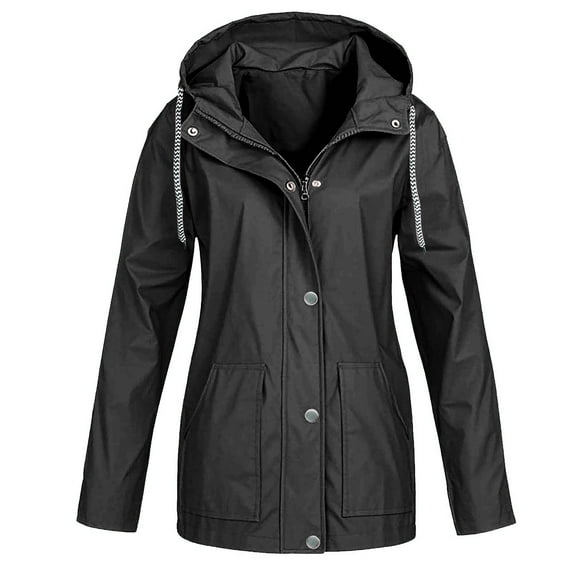 UPPADA Waterproof Rain Jacket for Women Windbreaker Jacket with Hood Warm Winter Outdoor Solid Snow Coats Zipper Pockets Thick Suit,Abrigos Mujer Black L