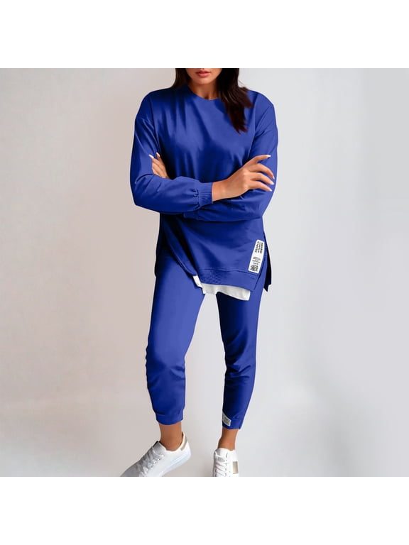 Weighted Sweat Set,Jogger Sets for Women 2 Piece Sweatsuit Outfits Long Sleeve Pullover Tops Sweatshirt Pants Set Tracksuit Outfits Blue,L