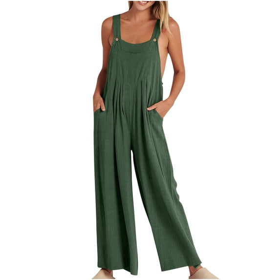 UPPADA Wide Leg Jumpsuits for Women Casual Solid Overalls Dressy Loose Rompers Jumpers Sleeveless Straps Outfits with Pockets Green,XL