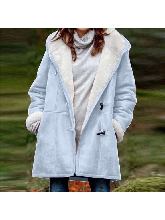Winter Coats for Women Plus Size Clearance Fall Winter Warm Plush Hooded Coats solid color Long Sleeve Outwear Womens Zipper up Cardigan Jackets with Pockets