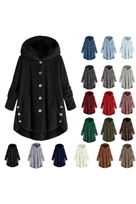 Winter Coats for Women Oversized Hooded Outerwears Button Down Plush Teddy Coat Plus Size Loose Soft Fleece Overcoat
