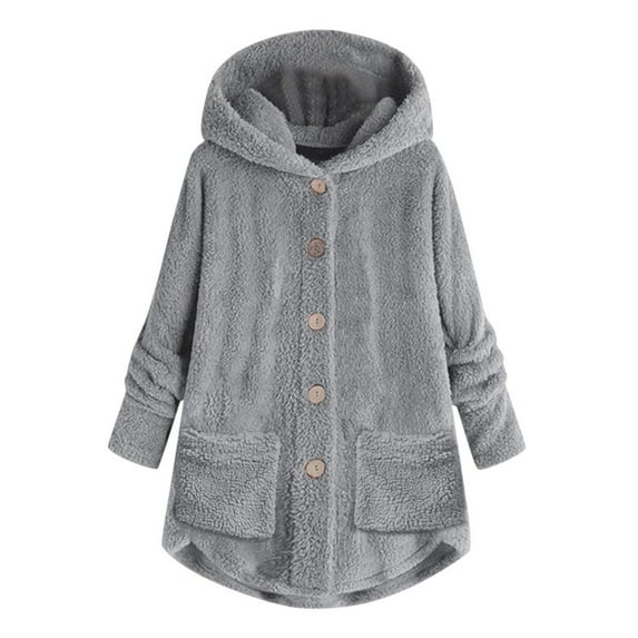 UPPADA Winter Coats for Women Plus Size Plush Teddy Coat Button Down Hooded Outerwear Oversized Loose Fleece Jackets with Pockets