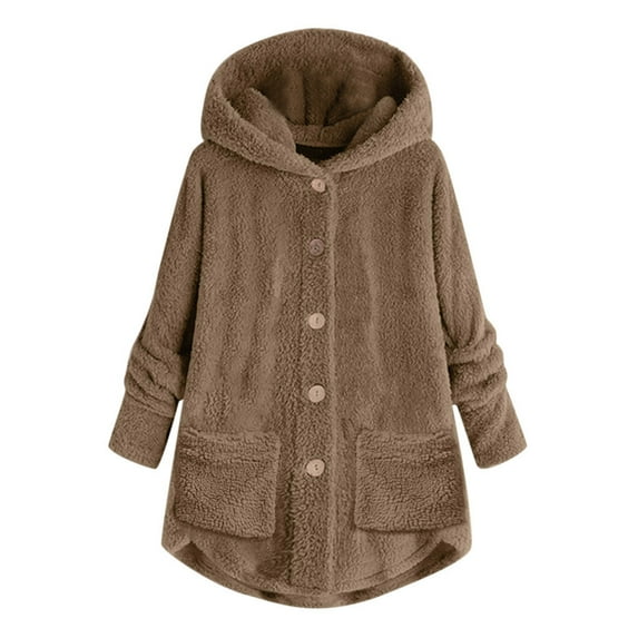 UPPADA Winter Coats for Women Plus Size Plush Teddy Coat Button Down Hooded Outerwear Oversized Loose Fleece Jackets with Pockets