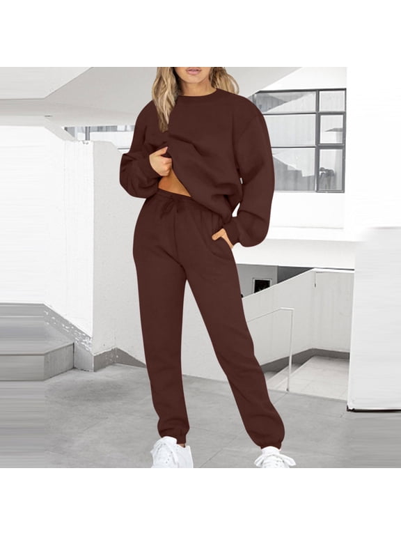 Winter Outfit Sets for Women,Women 2 Piece Outfits Long Sleeve Sweatshirts Solid Basic Pullover Top Drawstring Pant Jogger Set Casual Sweatsuits Tracksuit with Pockets Coffee,3XL