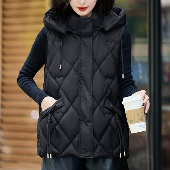 UPPADA Winter Puffer Vest for Women Lapel Collar Zip up Sleeveless Puffer Vest Quilted Padded Warm Coat Outwear Ladies Fall Puffer Jacket with Pockets Womens Plus Size Ski Coats Black,L