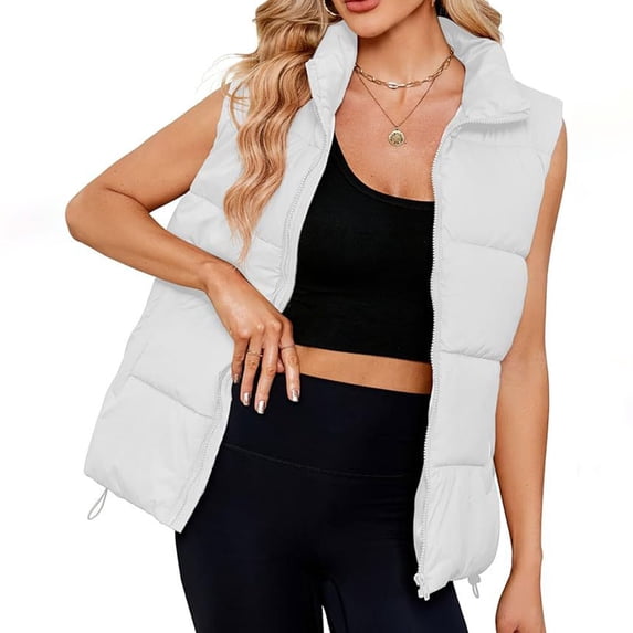 UPPADA Winter Puffer Vest for Women Lapel Collar Zip up Sleeveless Puffer Vest Quilted Padded Warm Coat Outwear Ladies Fall Puffer Jacket Womens Lightweight Puffer Vests Outerwear White,L