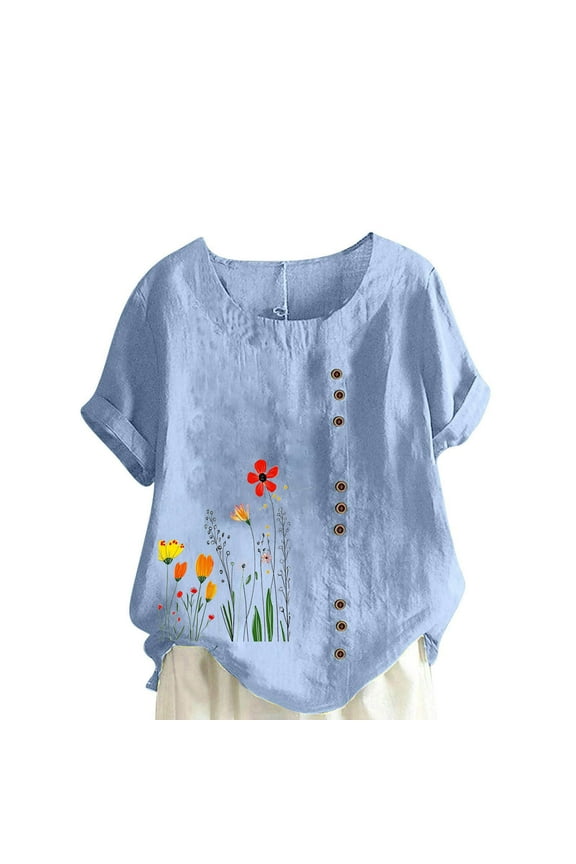 Woman Blouses Casual Tops 2025 Oversized Shirts for Women Loose Fit Cotton Tops Dandelion Printing Shirt Buttons Short Sleeves Blouse Casual Tees Blusas Casuales De Mujer Bonitas 2025