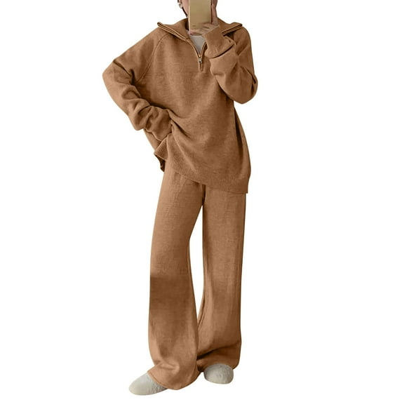 UPPADA Woman Pants Casual Outfit,Women 2 Piece Outfits Sweatsuit Trendy Oversized Sweatshirt Wide Leg Sweatpants Matching Lounge Set Travel Tracksuit Coffee,Free Size