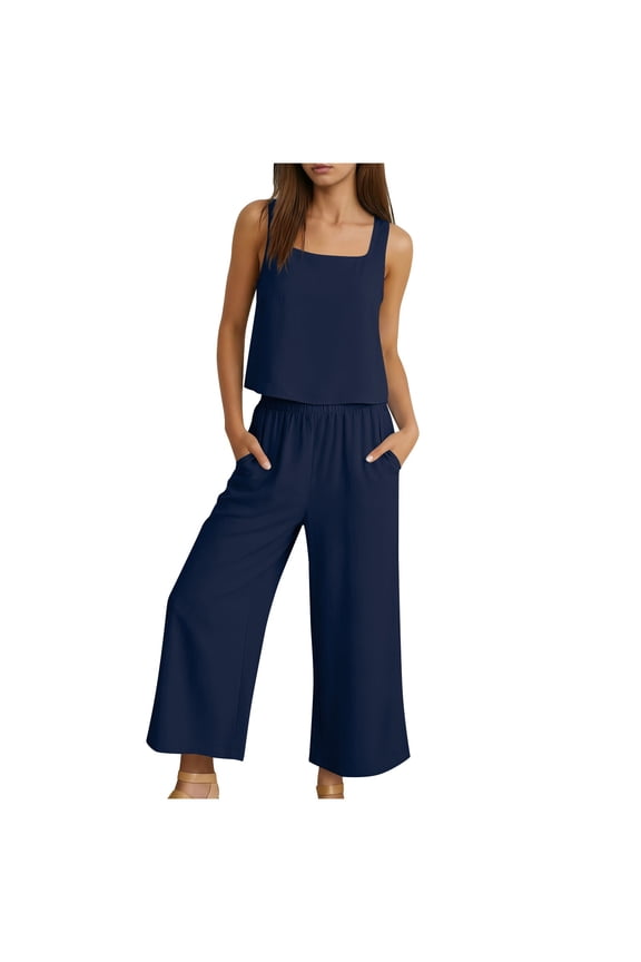 Women 2 Piece Outfits Linen Beach Set Square Neck Sleeveless Crop Tank Tops and Elastic Wide Leg Pants Sets Casual Two Piece Lounge Set Navy,XL