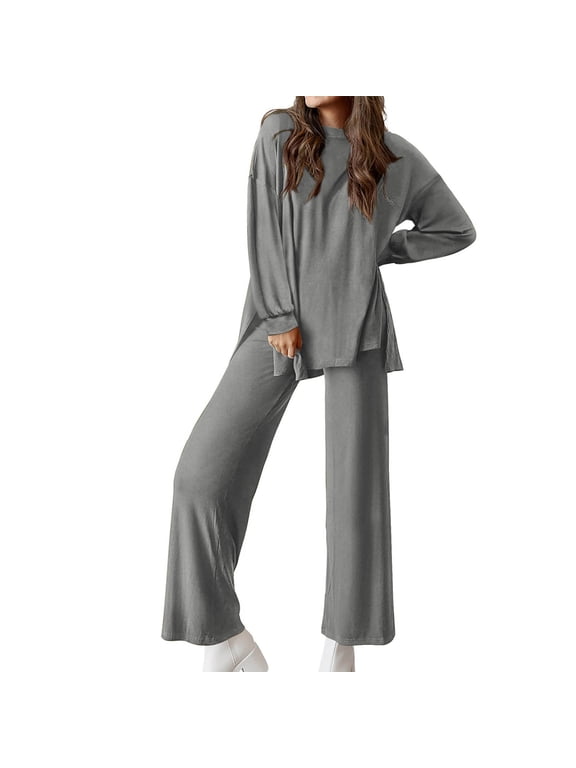 Women 2 Piece Outfits,Women 2 Piece Outfits Sweatsuit Trendy Oversized Sweatshirt Wide Leg Sweatpants Matching Lounge Set Travel Tracksuit Gray,XXL