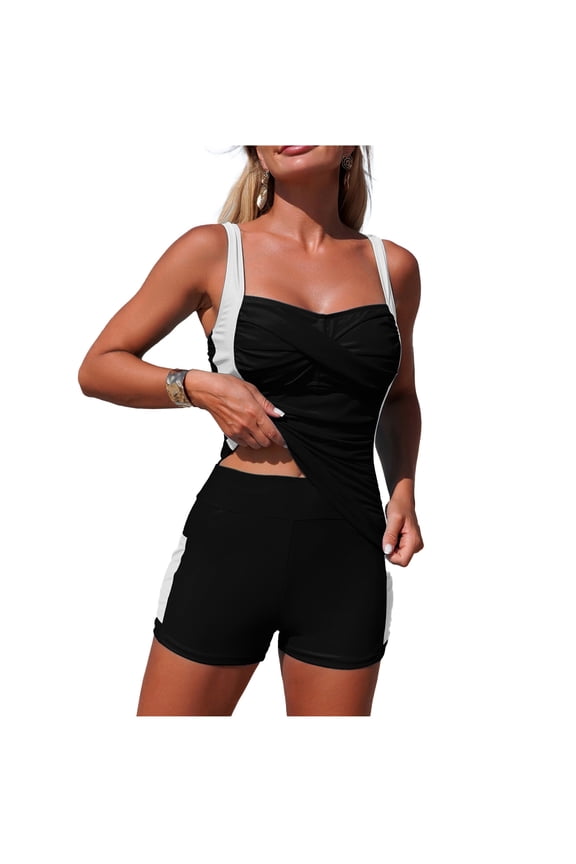 Women 2 Piece Tankini Swimsuits Tummy Control Bathing Suits Ruched Tankini Swimsuit Two Piece Bathing Suits Twist Crew Neck Swimwear with Bottom Black Tankini Swimsuits for Women,S