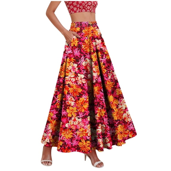 UPPADA Women Boho Floral Print Skirts Elastic Waist Ruffle Hem Maxi Skirt Casual Flowy A Line Skirts Summer Beach Long Skirt with Pockets Watermelon Red,XXL