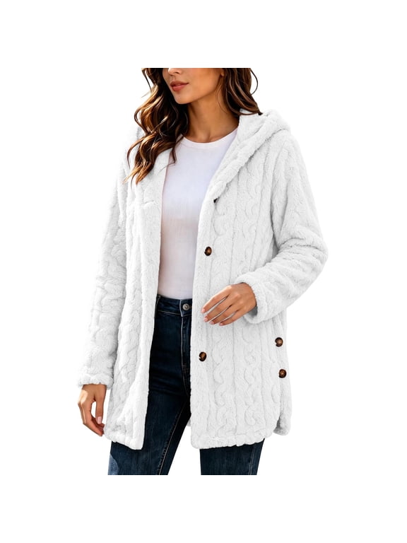Women Button Down Hooded Jacket Trendy Fall Winter Warm Fuzzy Fleece Jackets Ladies Fluffy Outerwear Coats with Pockets L