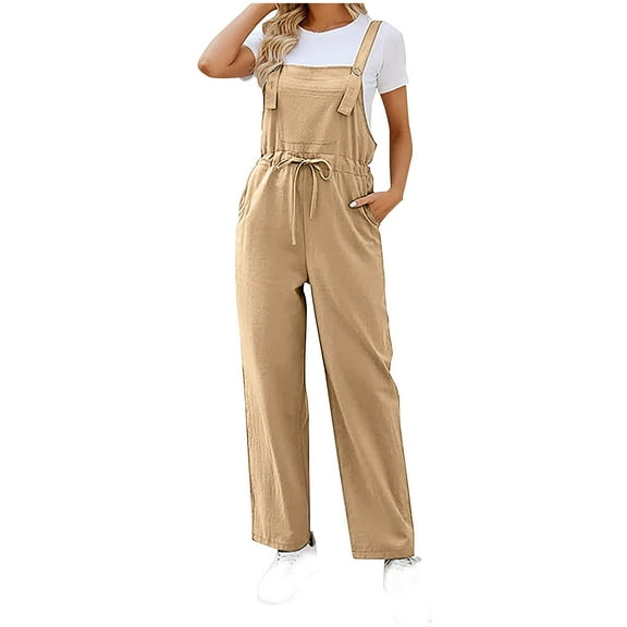 UPPADA Women Casual Jumpsuits Dressy Basic Solid Jumpsuit Spaghetti Strap Square Neck Overall Vacation Outfits with Pockets Khaki,XXXL