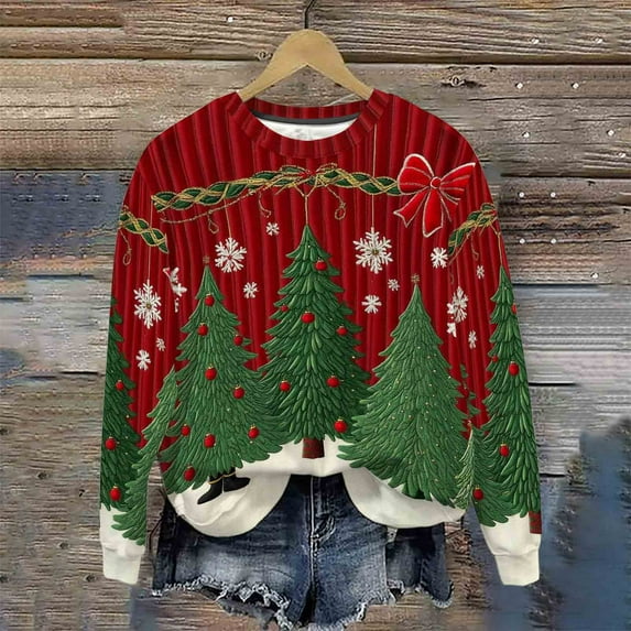 UPPADA Women Christmas Fleece Sweaters Long Sleeve Fuzzy Sweatshirts Crewneck Funny Tops Holiday Graphic Shirts for Ladies Winter Clothes camisas 3/4 de manga para mujer Red,XXXL