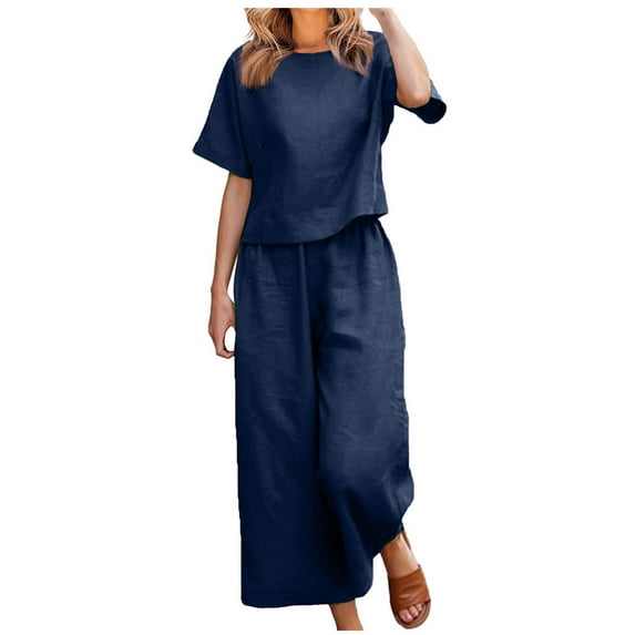 UPPADA Women Cotton Linen Outfits 2 Piece Lounge Set Travel Short Sleeve Shirts and Wide Leg Pants Sets Summer Vacation Sets Dark Blue,XS