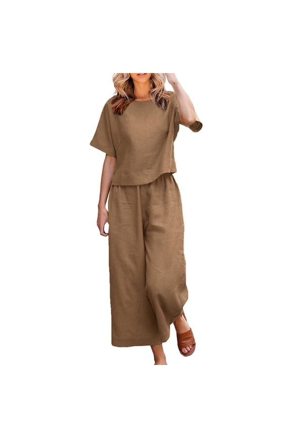 Women Cotton Linen Outfits 2 Piece Lounge Set Travel Short Sleeve Shirts and Wide Leg Pants Sets Summer Vacation Sets Khaki,M