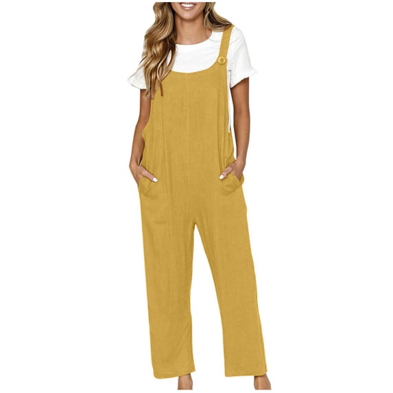 UPPADA Women Fashion Jumpsuit Loose Spaghetti Strap V Neck Overalls Dressy Casual Jumpers Romper with Pockets for Vacation Womens Gifts Yellow,S