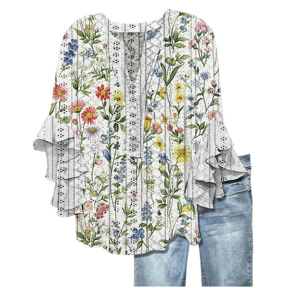 UPPADA Women Floral Tops Long Sleeve V Neck Crochet Tops Lightweight Dressy Comfy Shirts Vintage Cute Tunics Tops Flowy Irregular Hem Tunics Multicolor,M