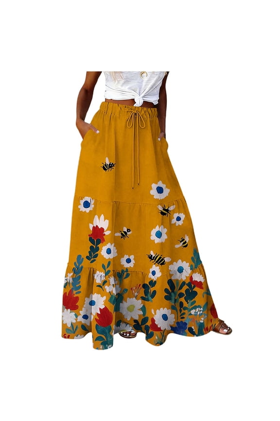 Women Flowy Printed Tiered Maxi Skirt Drawstring Waist Ruffle Hem A Line Skirts Casual Summer Work Business Long Skirt with Pockets Orange,M