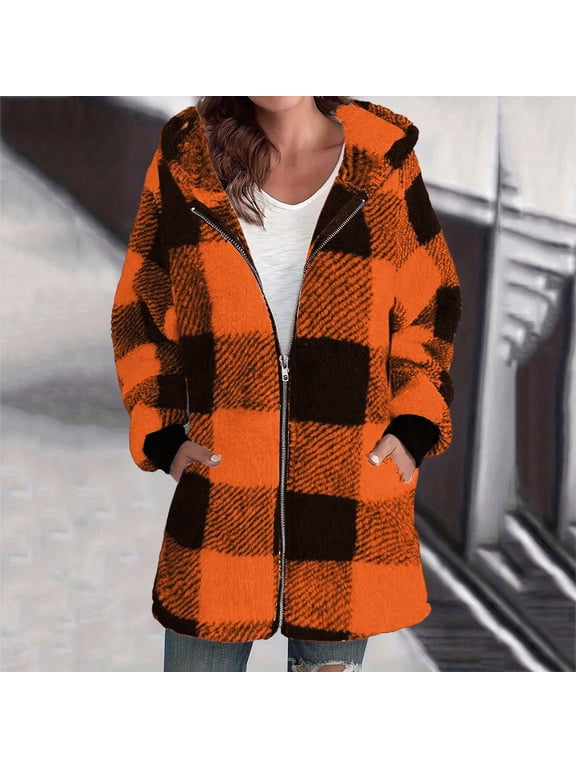 Women Fuzzy Fleece Winter Coats Plaid Shacket Jacket Long Sleeve Button Down Fleece Hooded Jackets Warm Coat Casual Warm Teddy Coat Outwear,Ladies Button Down Shirt,XL