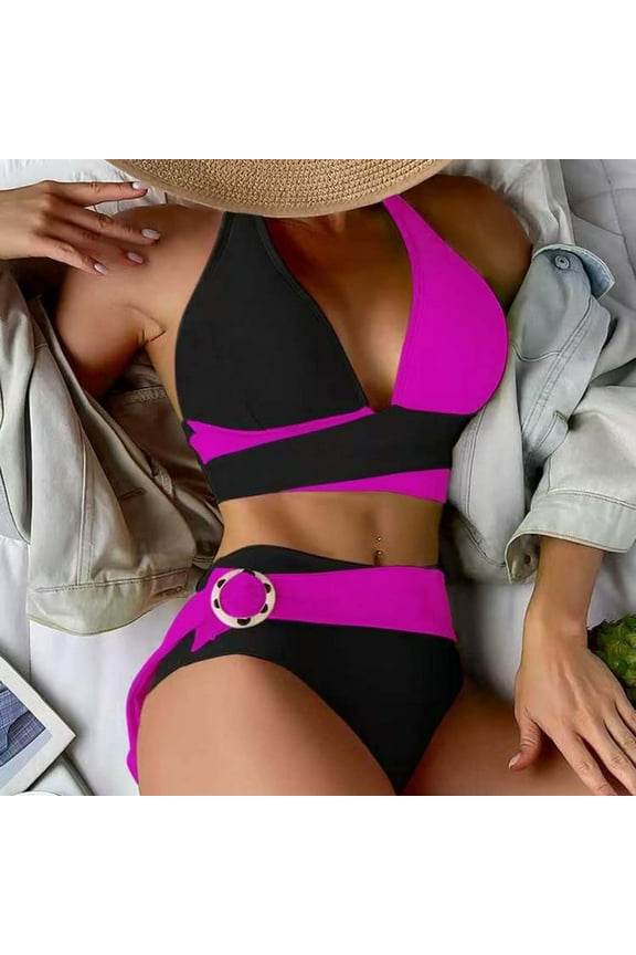 Women High Cut Bikini Sets String Swimsuit Two Piece Underwire Bathing Suit Cut Out Cute Swimwear String Bikini Set Tie Side Halter Swimsuits Summer 2 Piece Bikini Bathing Suit Hot Pink,L