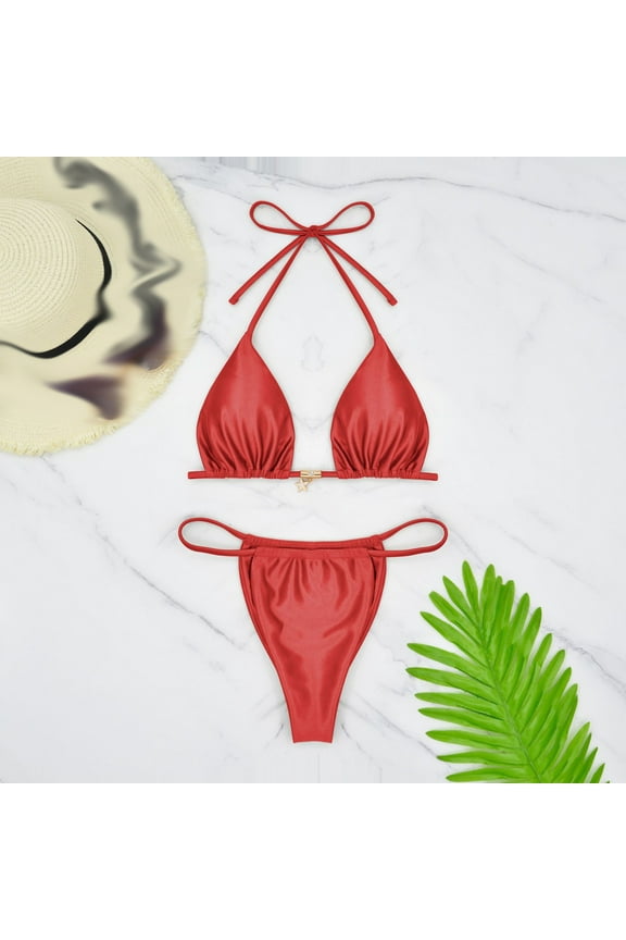 Women High Waisted Bikini Sets V Neck Swimsuits Color Block Drawstring Two Piece Drawstring Bathing Suit Bikini Sets 2 Piece Swimsuit Flattering Bathing Suits Cute Bikini Swimwear Red,S