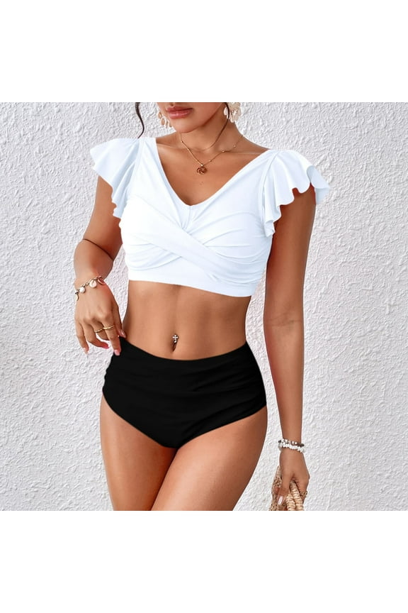 Women High Waisted Bikini Sets V Neck Swimsuits Color Block Drawstring Two Piece Drawstring Bathing Suit Bikini Sets 2 Piece Swimsuit Flattering Bathing Suits Cute Bikini Swimwear White,L