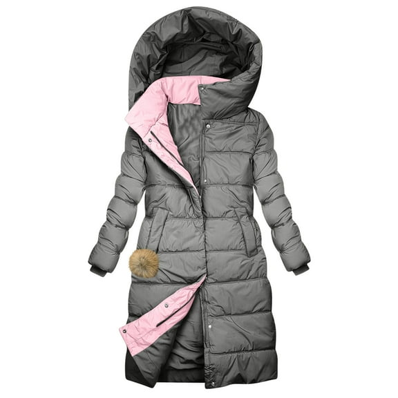 UPPADA Women Long Down Jacket Waterproof Quilted Puffer Jacket Fleece Lined Warm Winter Coat Hooded Mid-Length Jacket Outwear with Pocket Winter Gray,L