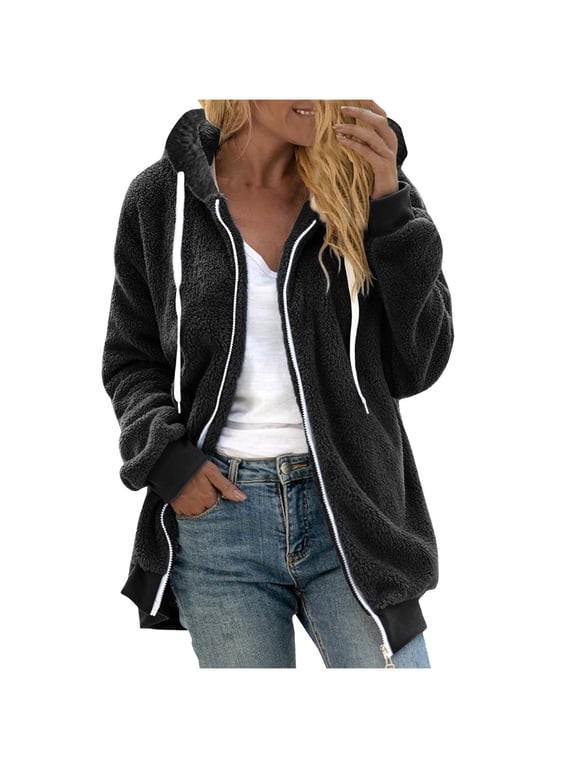 Women Long Sleeve Shacket Jacket Women Plus Size Button Plush Tops Hooded Loose Warm Cardigan Wool Coats Winter Jacket with Pockets Winter Jacket for Women Clearance