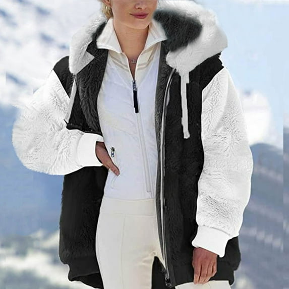 UPPADA Women Long Sleeve Shacket Jackets Plus Size Winter Warm Loose Fit Coats Zipper Color Block Hooded Plush Warm Jackets with Pockets Plus Size Coats