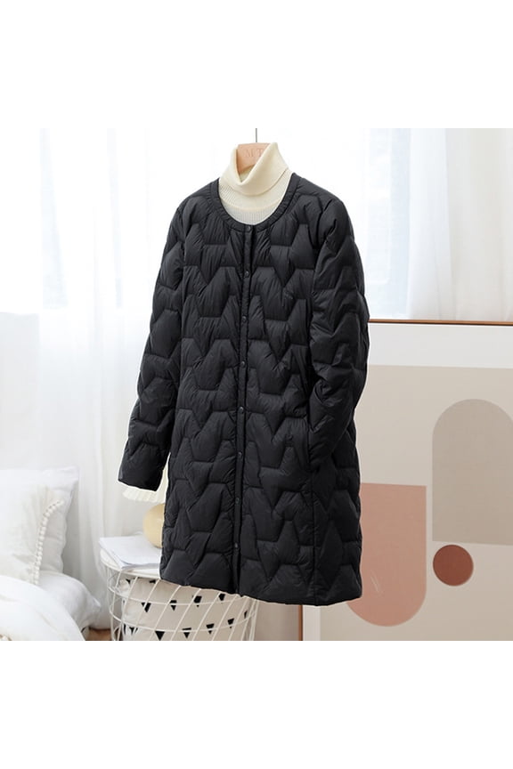 Women Long Winter Puffer Coats Collarless Plaid Warm Jacket Button Long Sleeve Cardigan Coats Warm Outerwear with Pockets Black,xl Winter Coat Winter