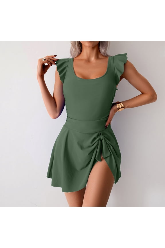 Women One Piece Swimsuit Dress Halter Wrap Bathing Suit Ruched Retro Swimdress Bathing Suit V Neck A Line Skirt Crossover Modest Bathing Suits Army Green,Xl