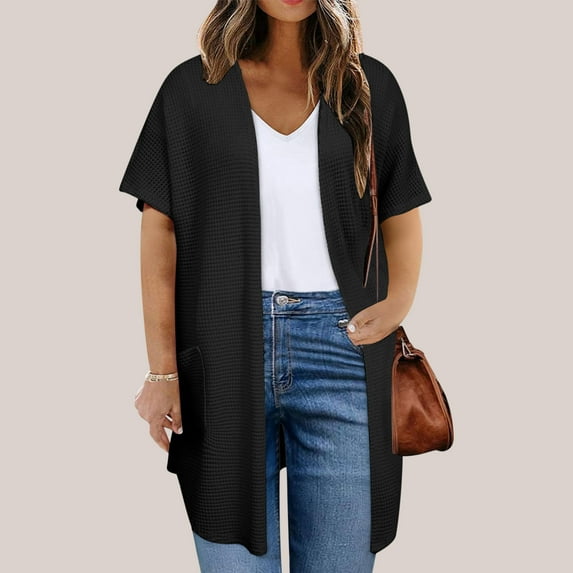 UPPADA Women Plus Size Lightweight Cardigan Half Sleeve Ribbed Knit Kimono Open Front Tops with Pockets Black,XXXXL