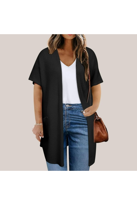 Women Plus Size Lightweight Cardigan Half Sleeve Ribbed Knit Kimono Open Front Tops with Pockets Black,XXXXL