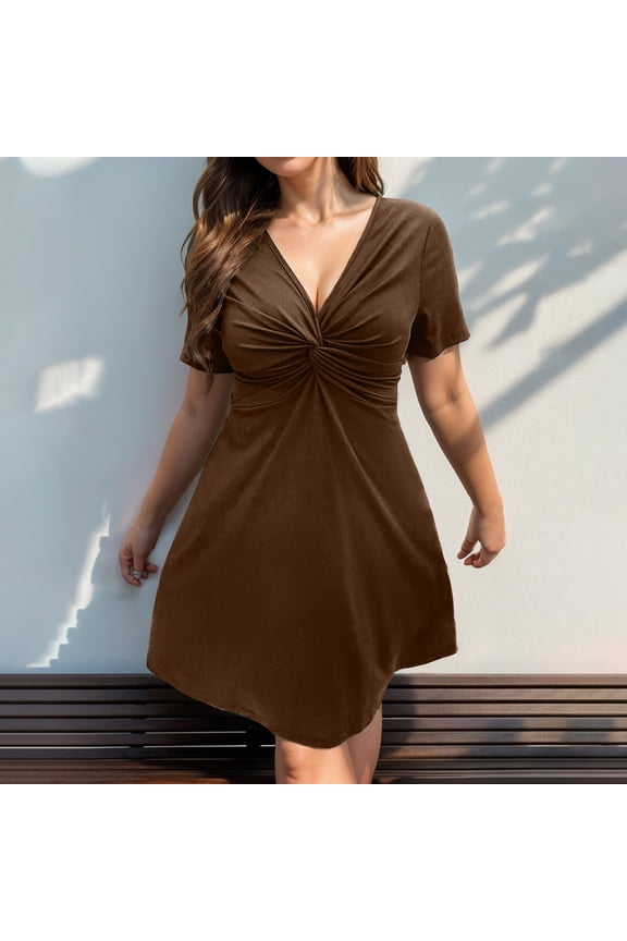 Women Plus Size Maxi Dress Cocktail Wedding Guest Dress Short Sleeve Wrap V Neck Formal Dress High Low Split Ruffle Long Dress for Curvy Women Brown,XXXL