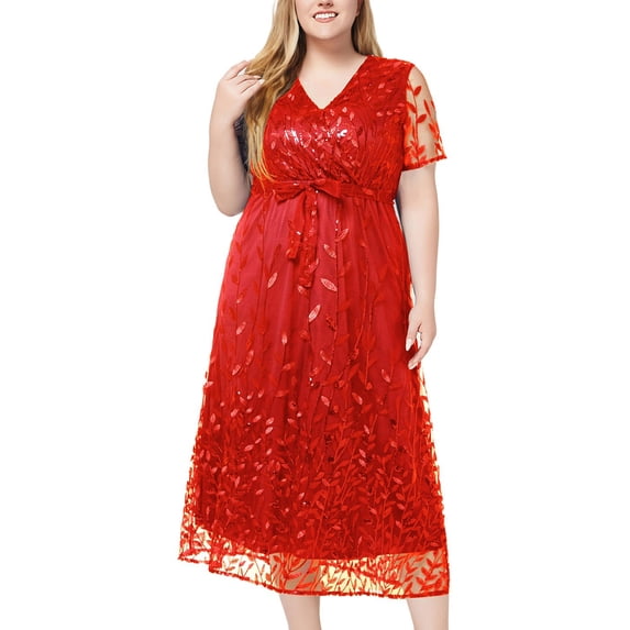 UPPADA Women Plus Size Maxi Dress Cocktail Wedding Guest Dress Short Sleeve Wrap V Neck Formal Dress High Low Split Ruffle Long Dress for Curvy Women Red,XXXL