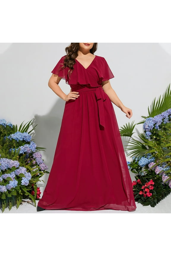 Women Plus Size Maxi Dress Cocktail Wedding Guest Dress Short Sleeve Wrap V Neck Formal Dress High Low Split Ruffle Long Dress for Curvy Women Red,XXL