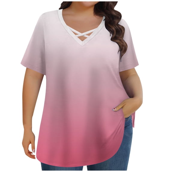 UPPADA Women Plus Size V Neck Shirts Casual Short Sleeve Tees Loose Fit Gradient Print Tunic Blouses Loose Curved Hem Tops Summer Daily Outfits camisas cortas para mujer,Pink,XXXXL