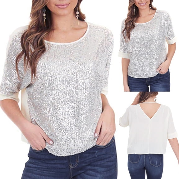 UPPADA Women Sequin Sleeve Casual Tops Loose Neck Blouse T Shirts Basic Holiday Tee Tops Casual Splice Coctail Party Blouses