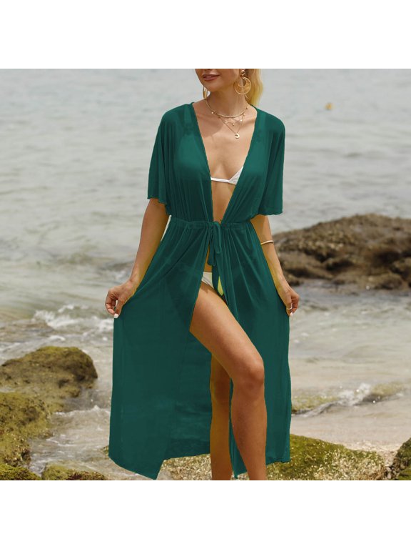Women Short Sleeve Beach Bathing Suit Cover Up Flowy Ruffle Bikini Shirt Dress Mini Dress V Neck Short Sleeves Cover Up Summer Army Green,Free Size