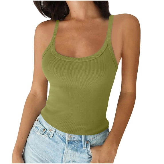 UPPADA Women Sleeveless Scoop Neck Ribbed Tank Tops Solid Color Basic Slim Tanks Casual Fitted Cami Shirts,Tank Top for Women Plus Size Green,S