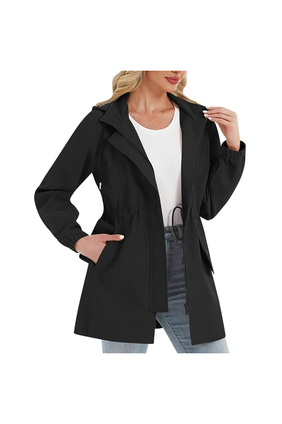 Women Solid Casual Hooded Lightweight Raincoat Zip up Loose Outdoor Waterproof Windbreaker,Trench Rain Coats for Women Black L