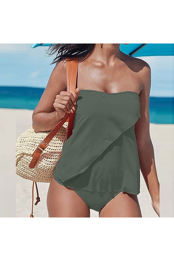 Women Strapless Tankini Two Piece Swimsuits Solid Color Push Up Tankini Tops with Bottom Casual Beach Modest Swimsuit Tummy Control Two Piece Bathing Suits Army Green,4xl